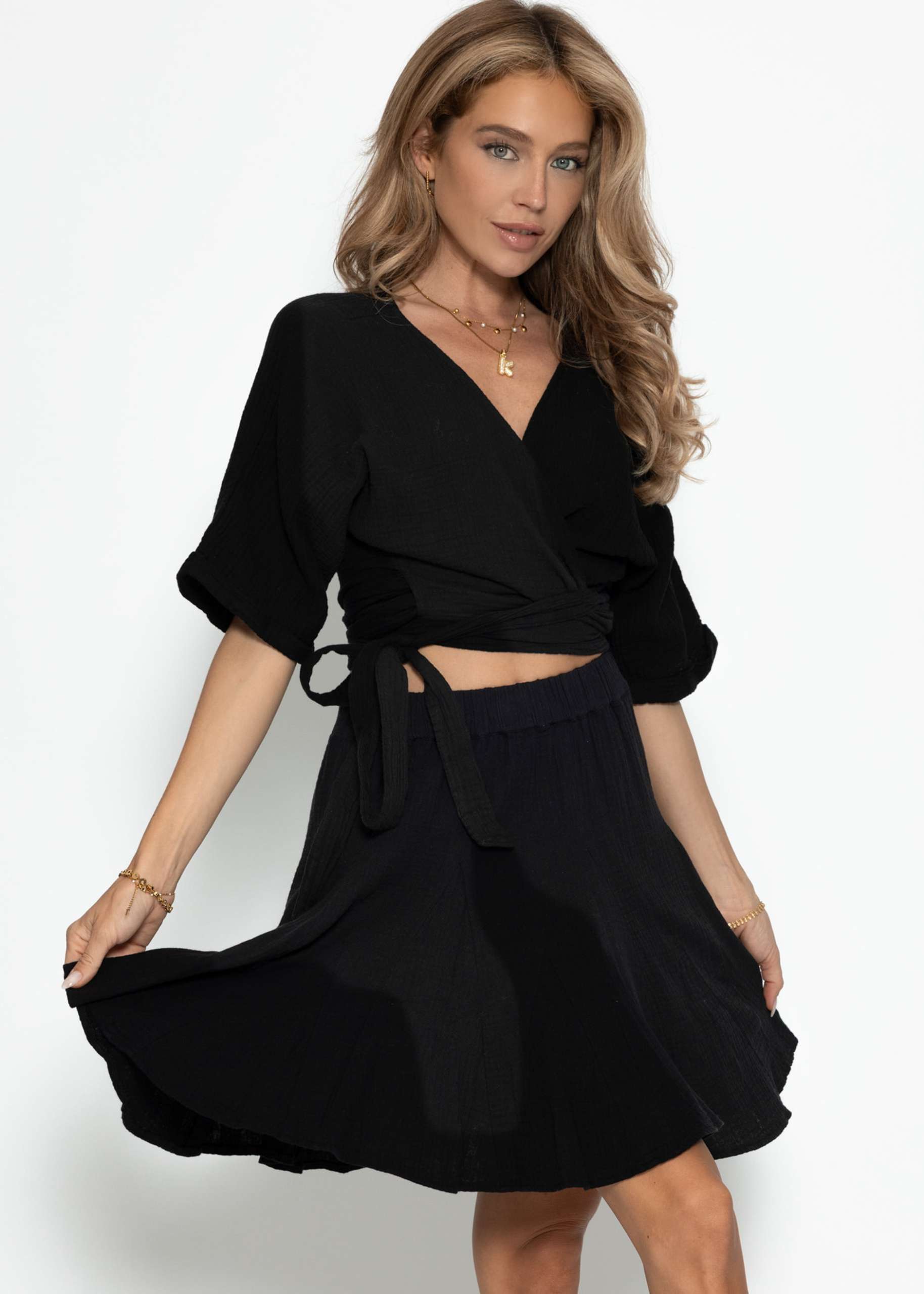 Muslin skirt with godet pleats - black