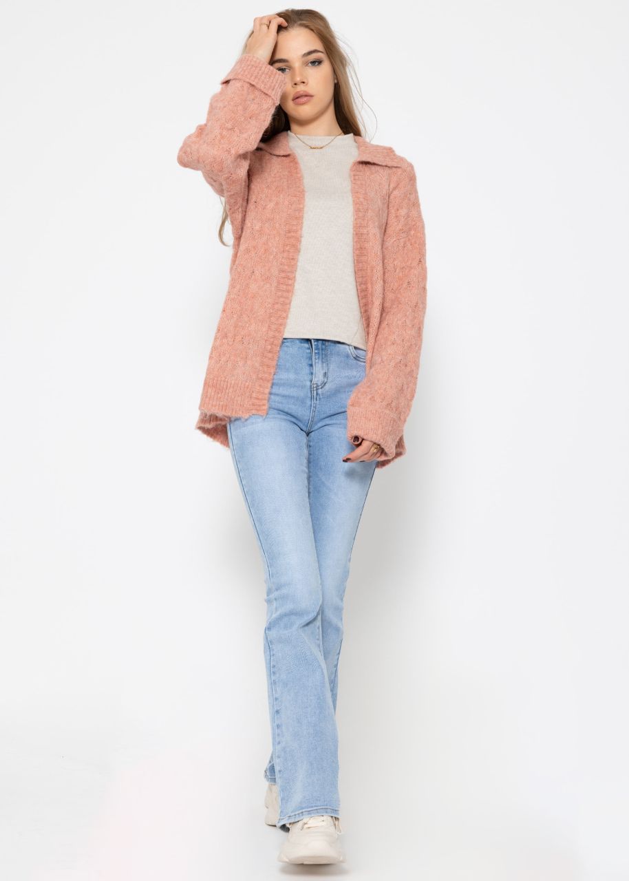 Fluffy cable-knit cardigan with collar - dusky pink