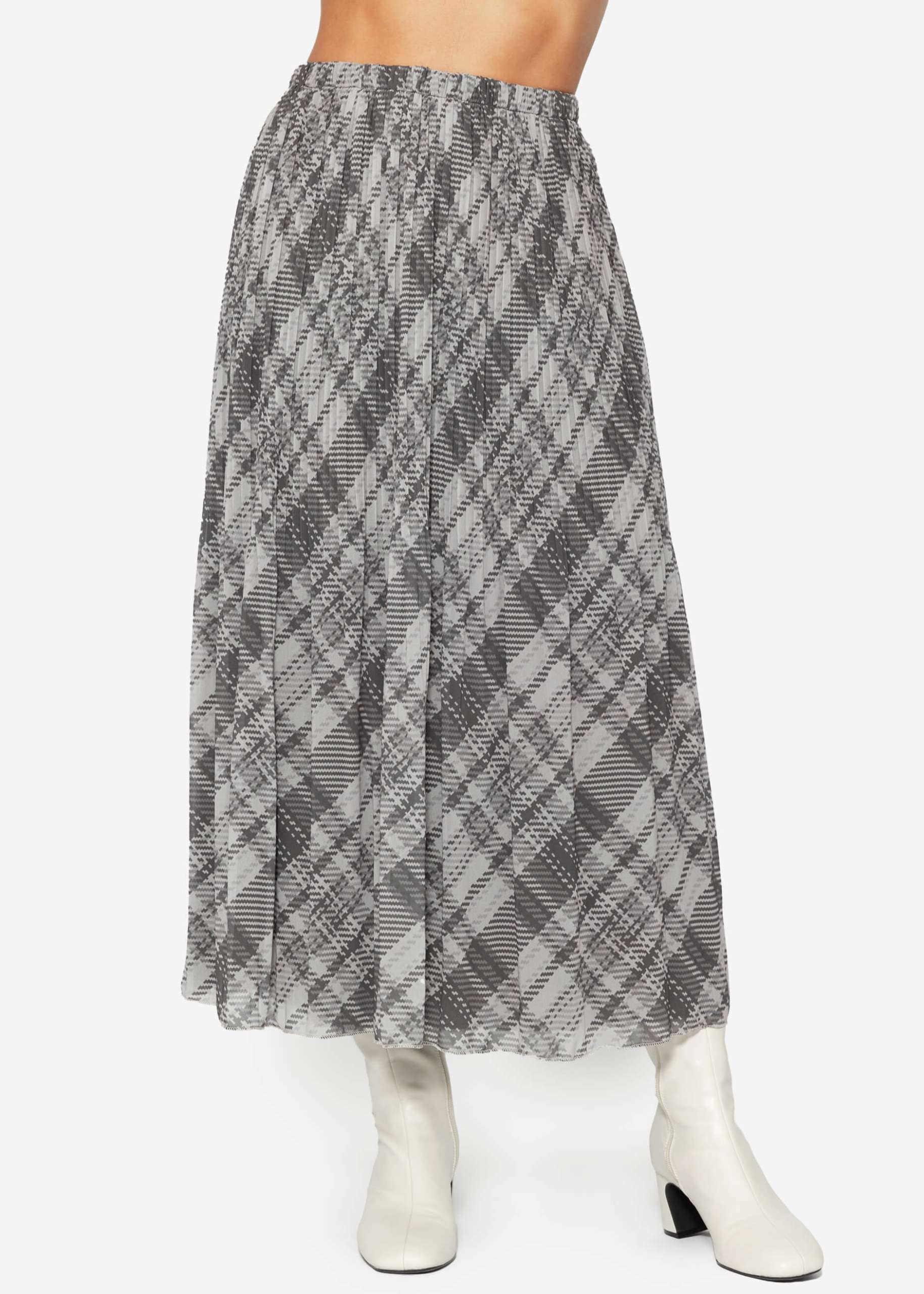 Long pleated chiffon skirt with check print - gray