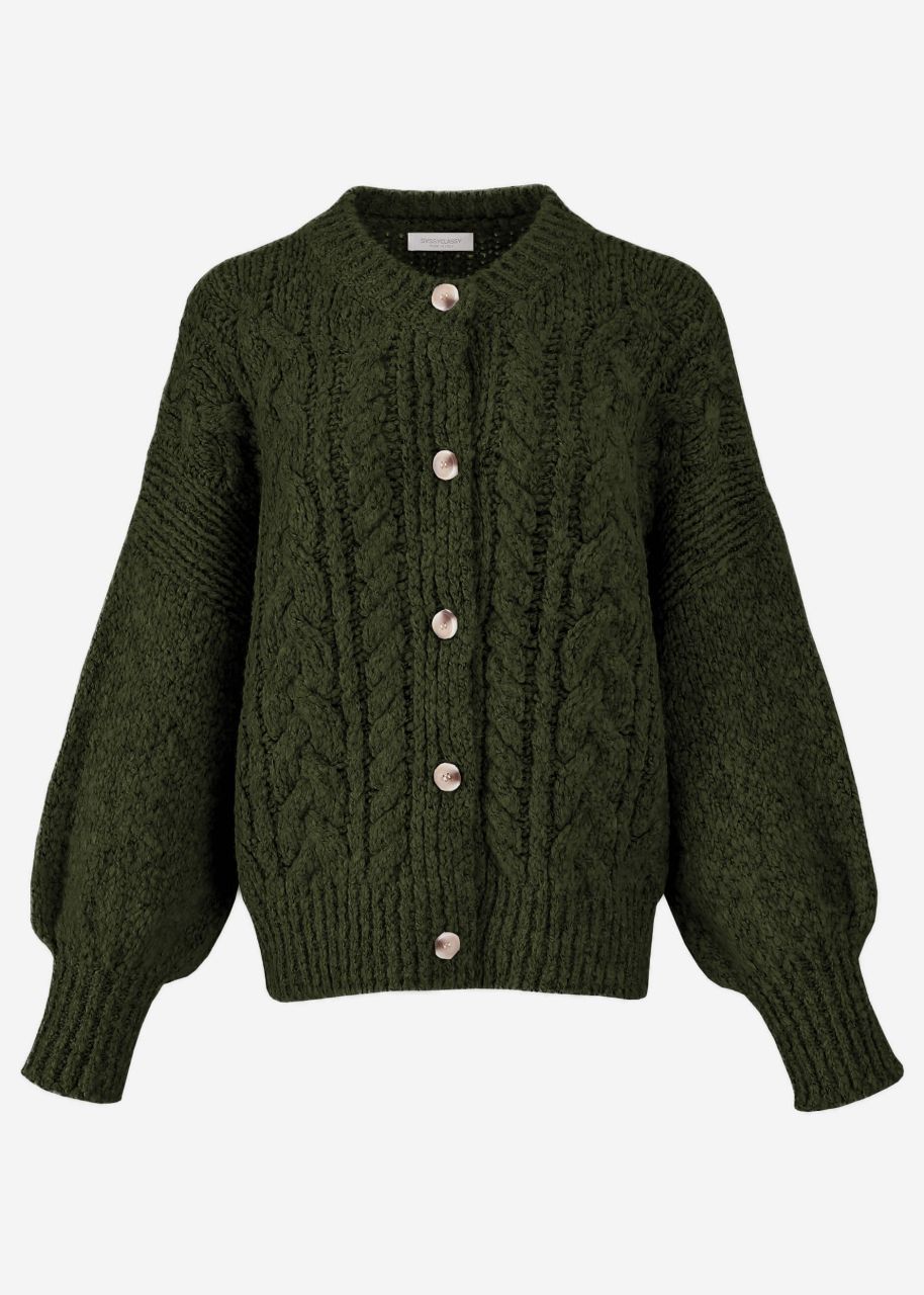 Super fluffy cardigan with cable knit pattern - khaki