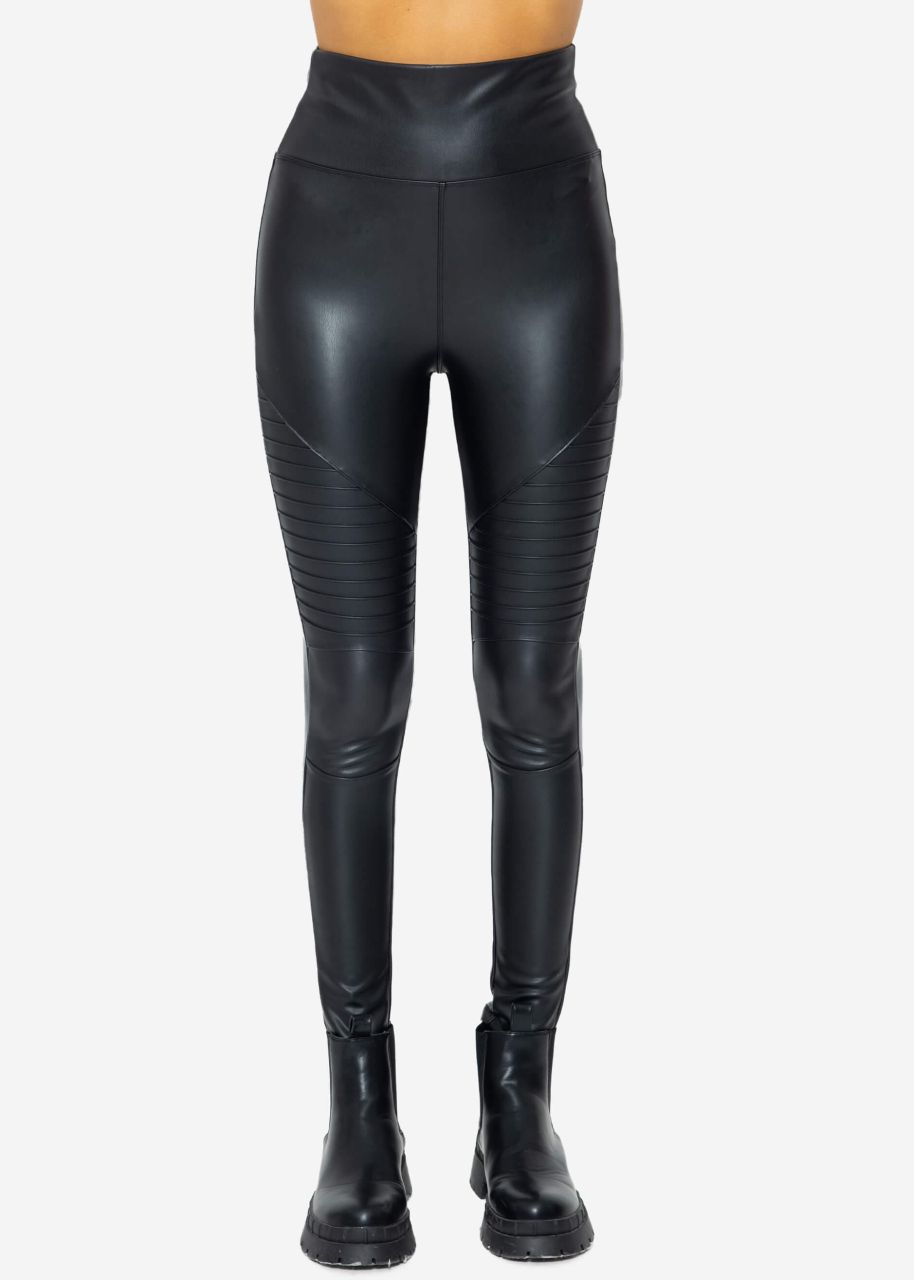 High-rise thermal biker leather leggings - black