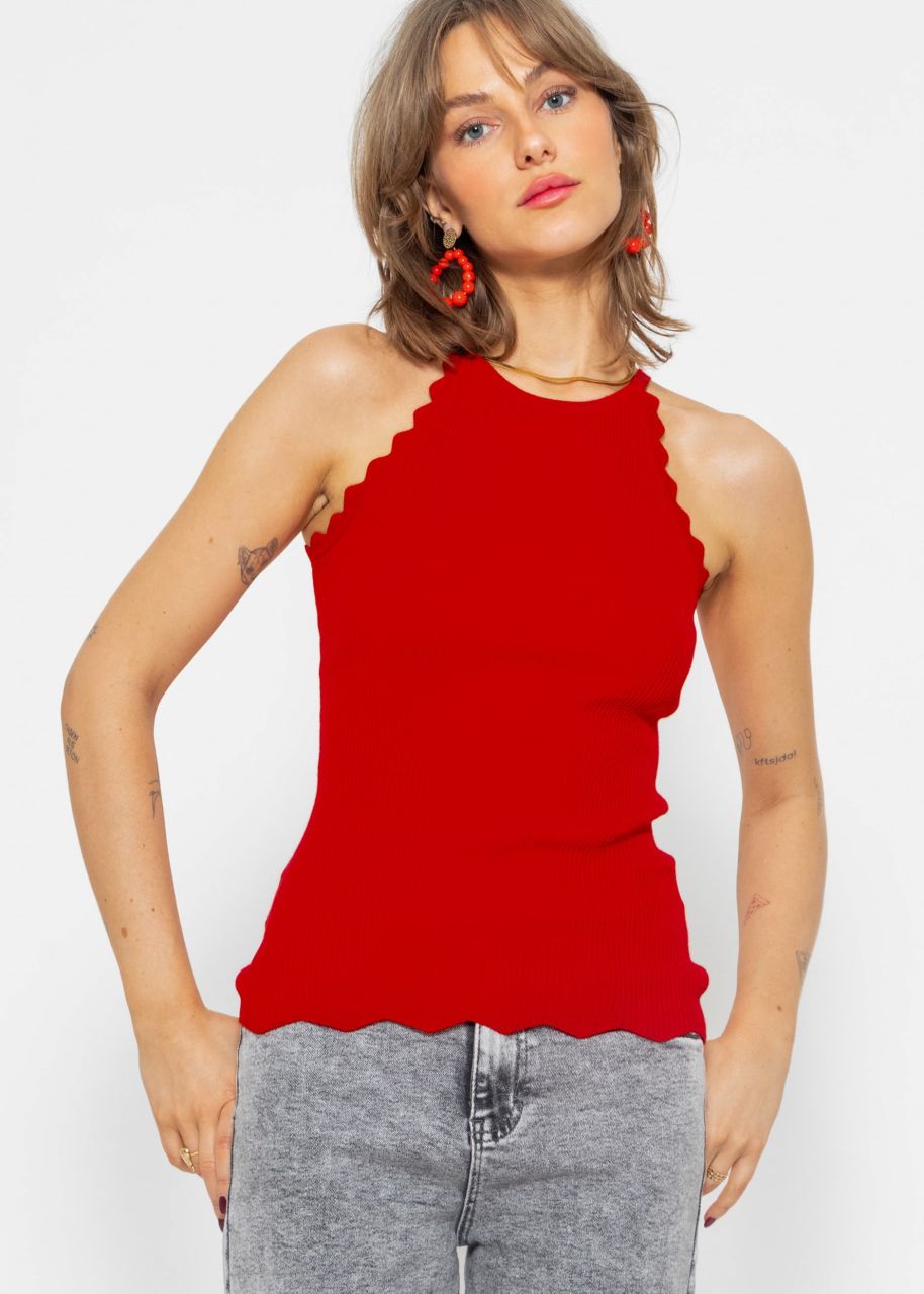 Knitted top with scalloped edge - red