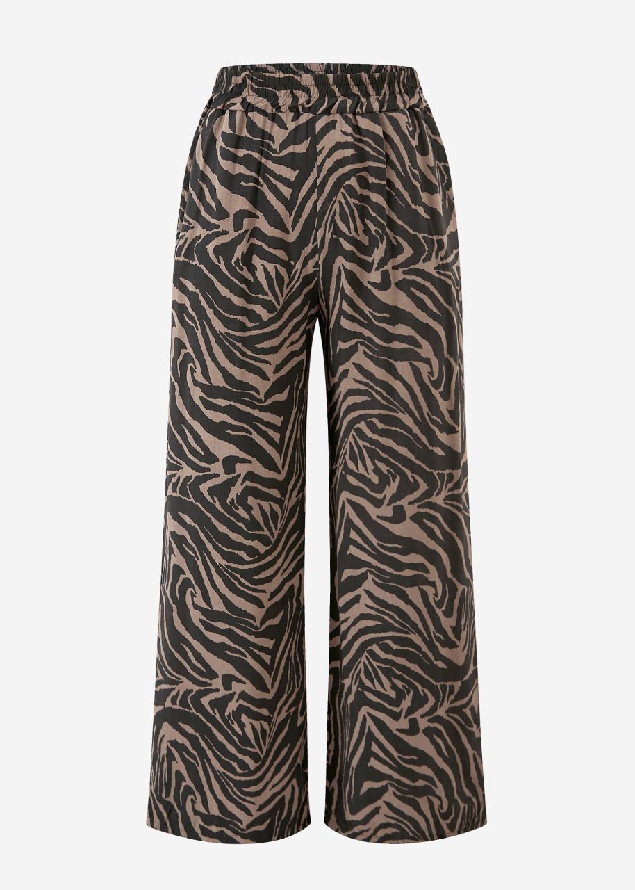 Viscose slip-on trousers with zebra print - black-brown