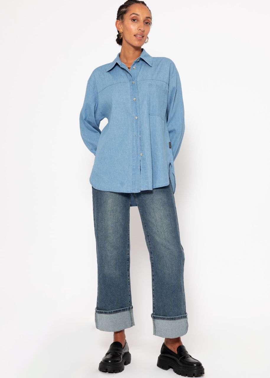 Casual denim shirt blouse with breast pocket - blue