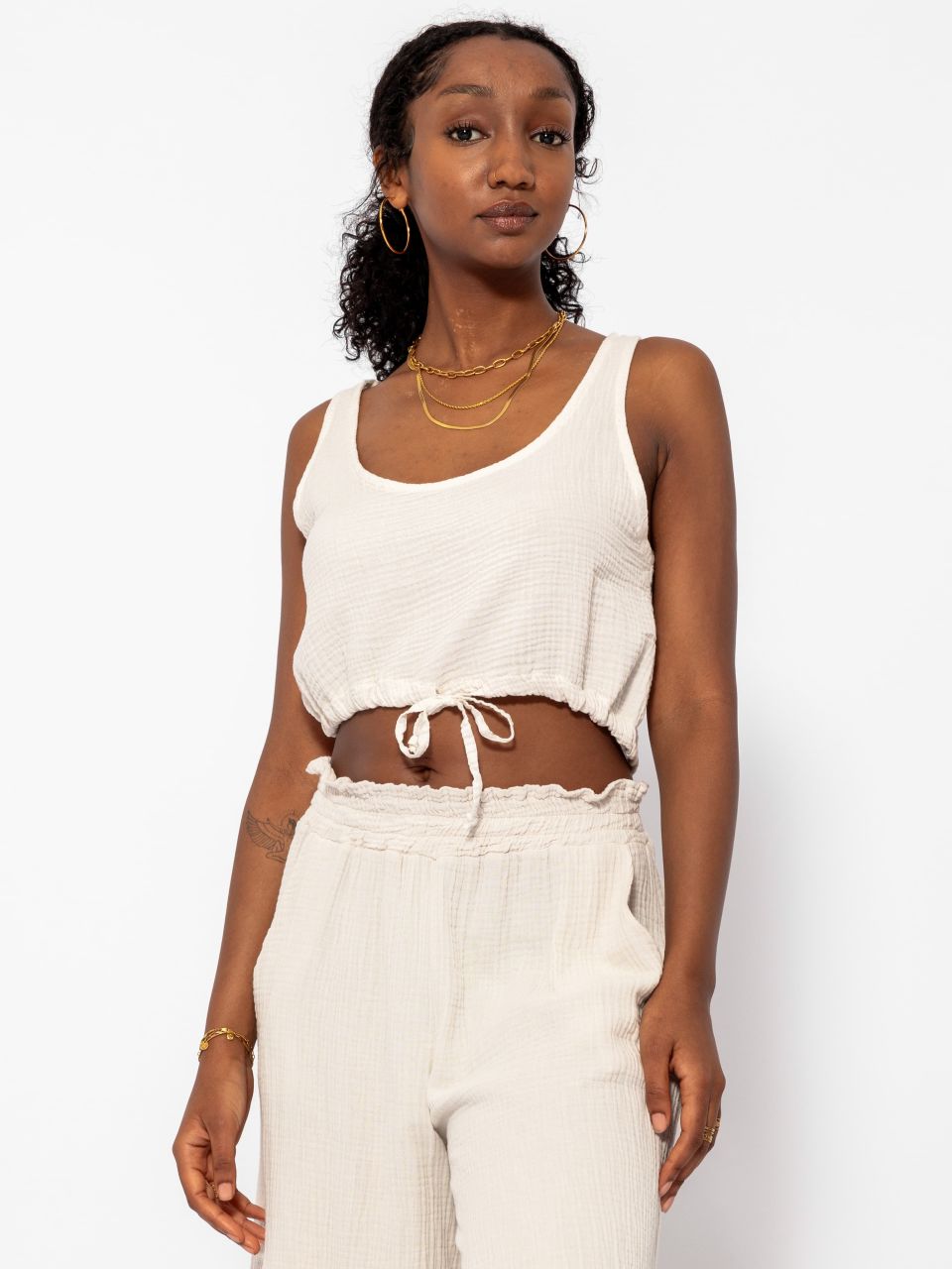 Muslin top with drawstring - light beige