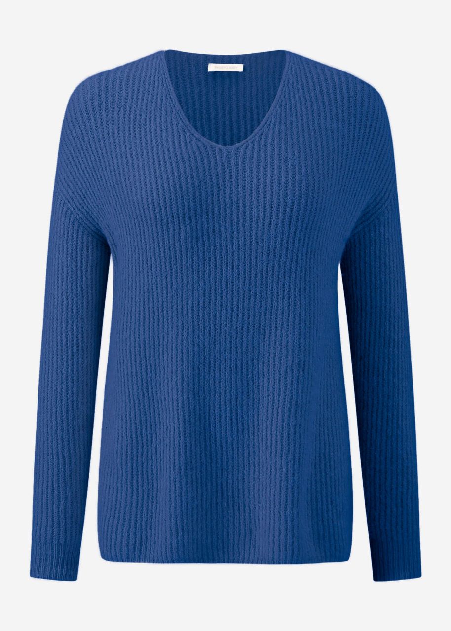 Ribbed jumper with V-neck - blue