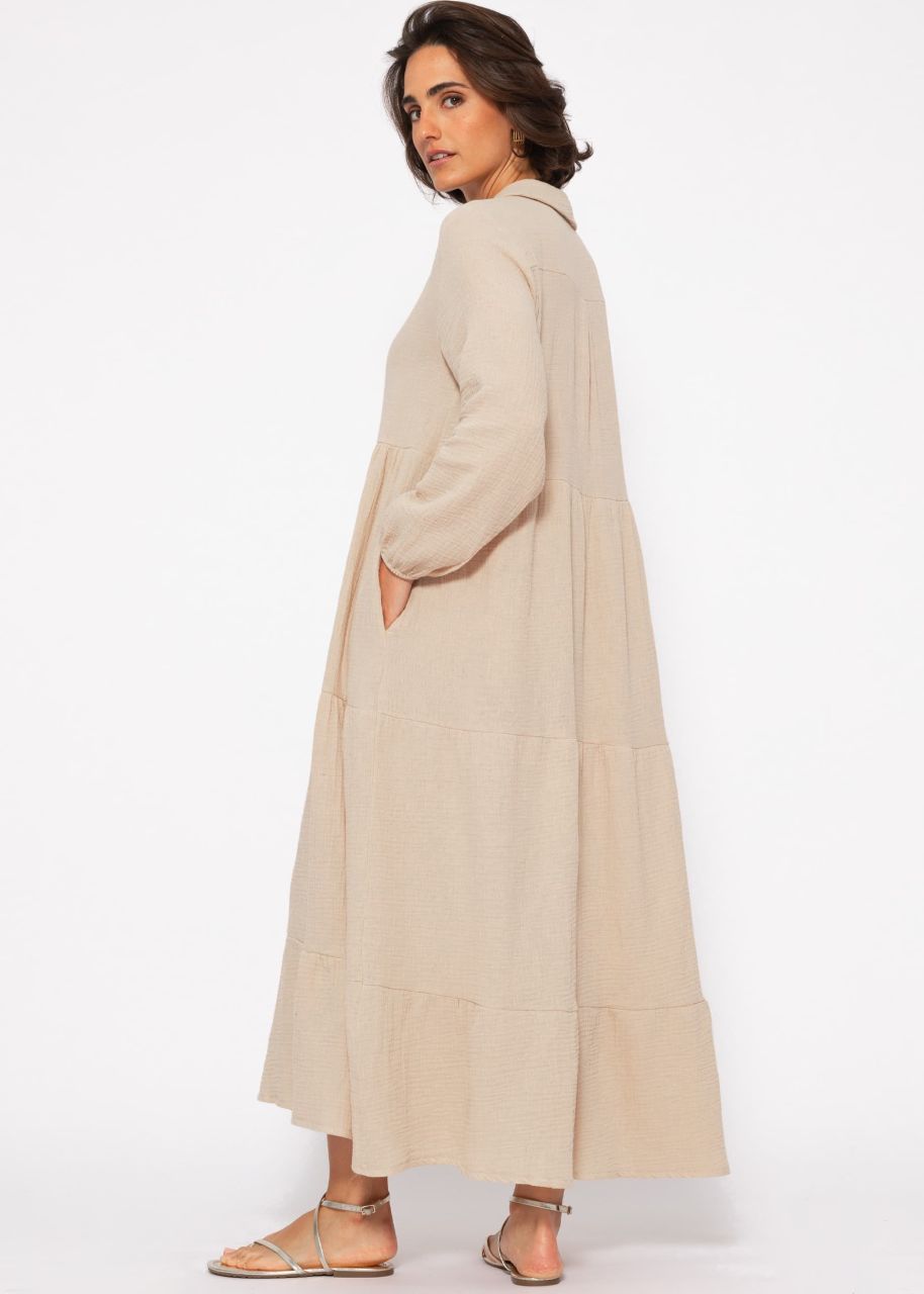 Muslin maxi dress with flounces - beige