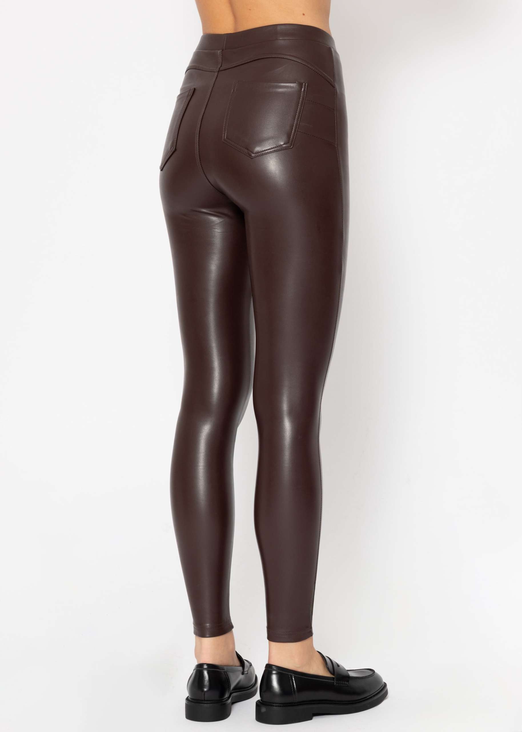 Thermo leather leggings with patch pockets, dark brown