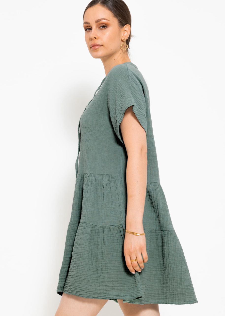 Short muslin dress with flounces - sage green