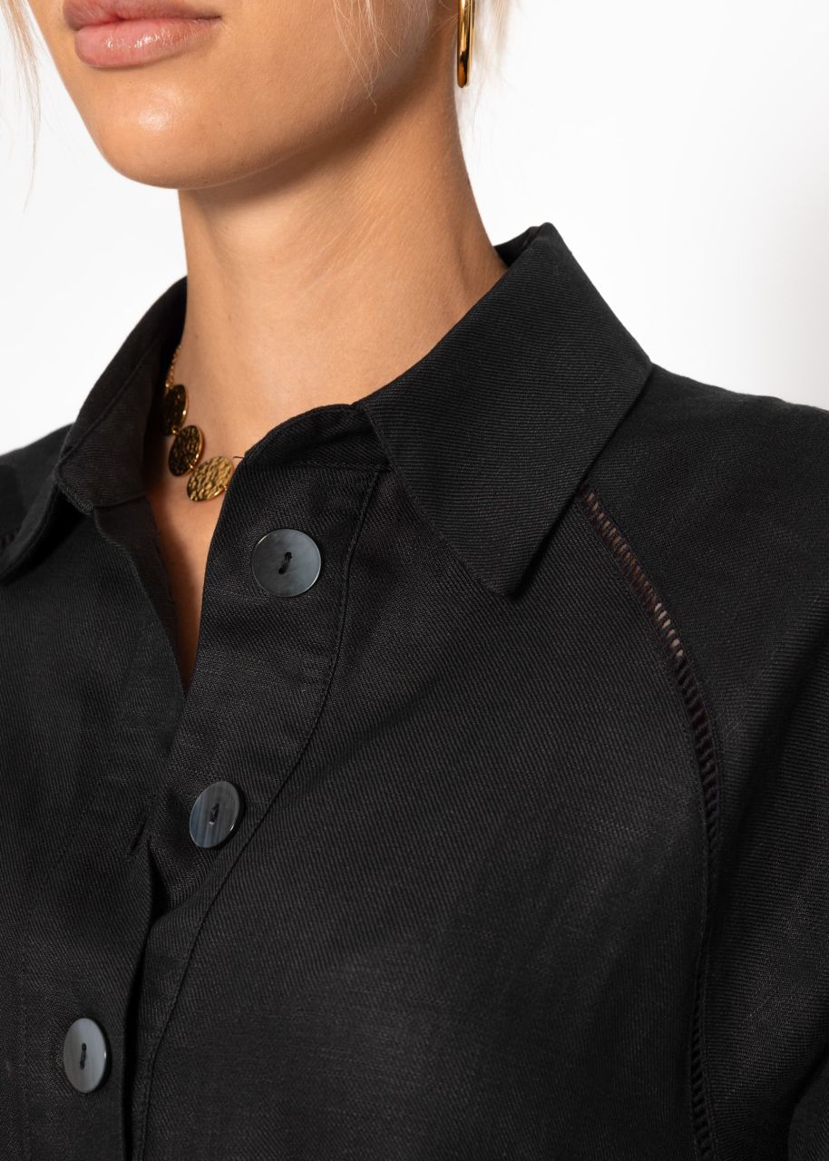 Linen dress with button placket - black