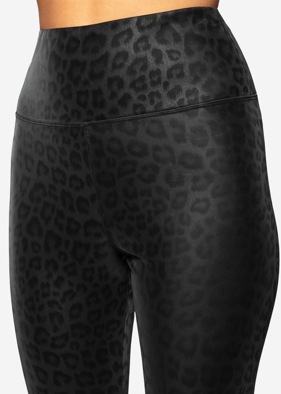 Thermo faux leather leggings with leo print - black