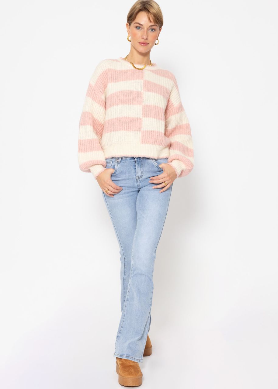 Fluffy sweater with offset block stripes - pink-offwhite