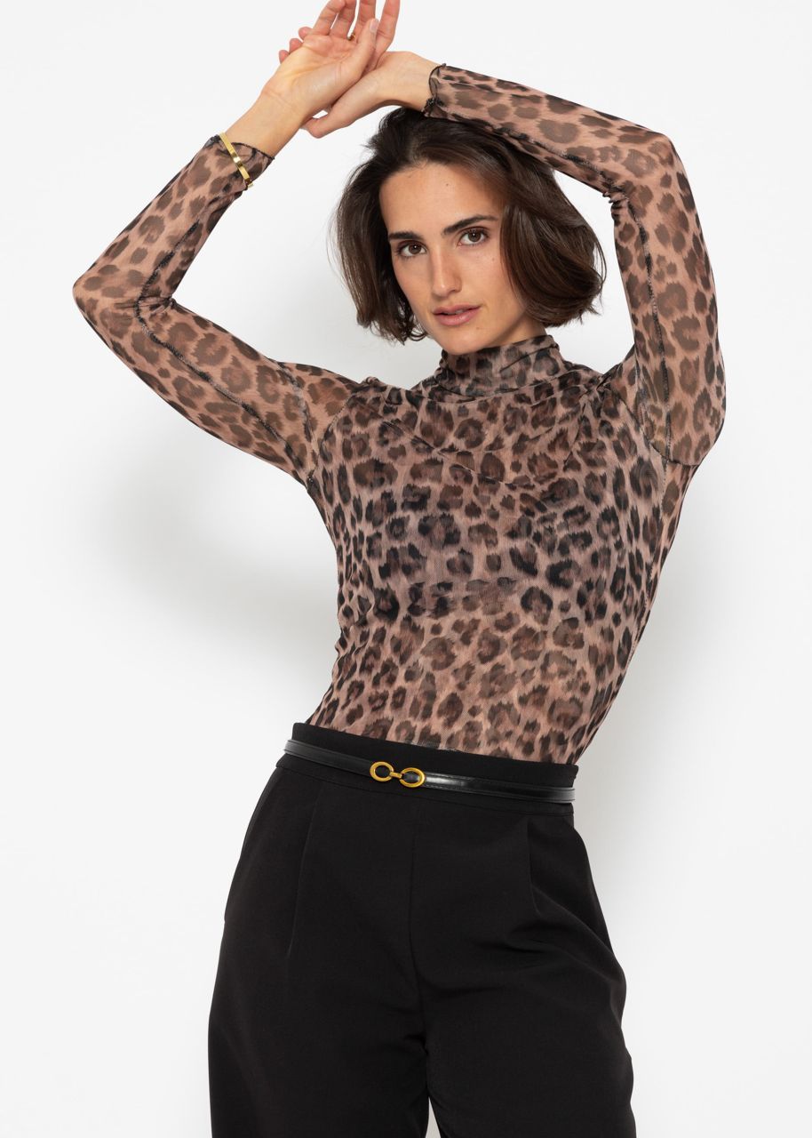 Mesh long sleeve shirt with leo print - brown