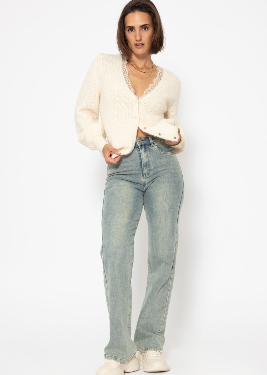 Cardigan with lace neckline - offwhite