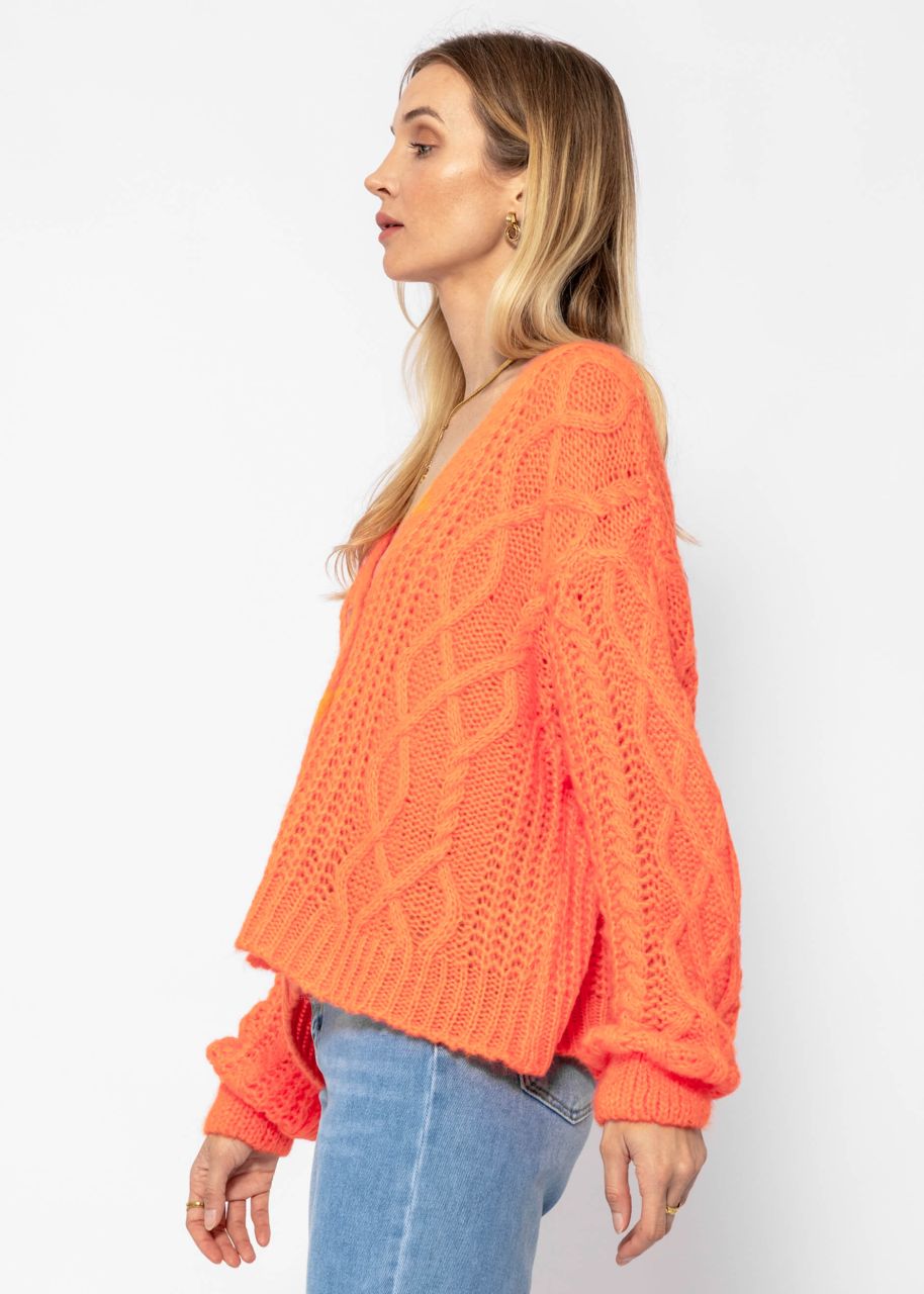 Oversized cardigan with cable knit pattern - tangerine