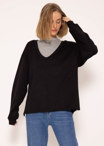 Oversize sweater with deep V-neck, black