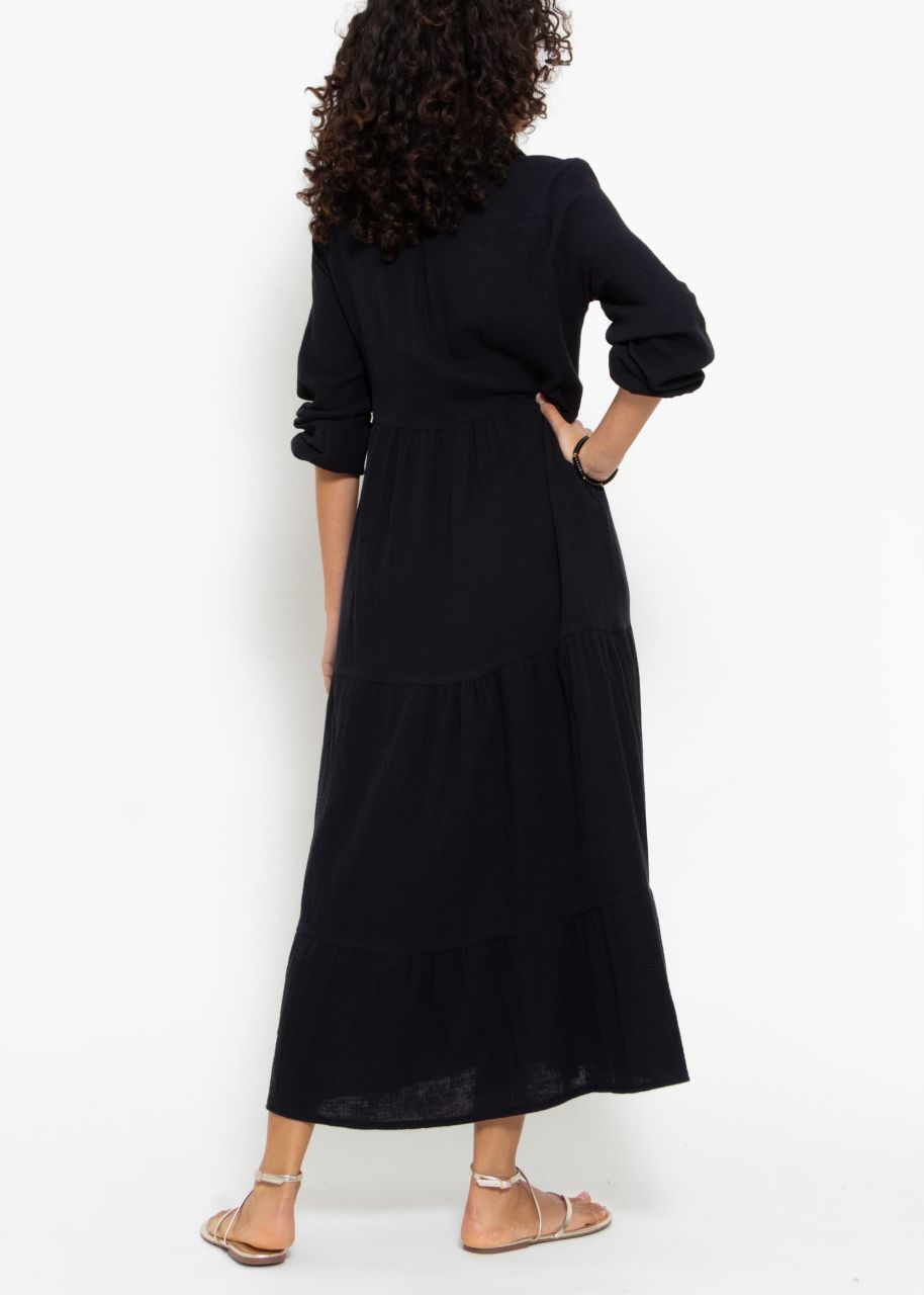 Muslin maxi dress with flounces - black
