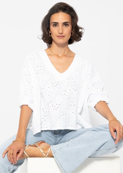 Oversize cotton shirt with eyelet embroidery - white