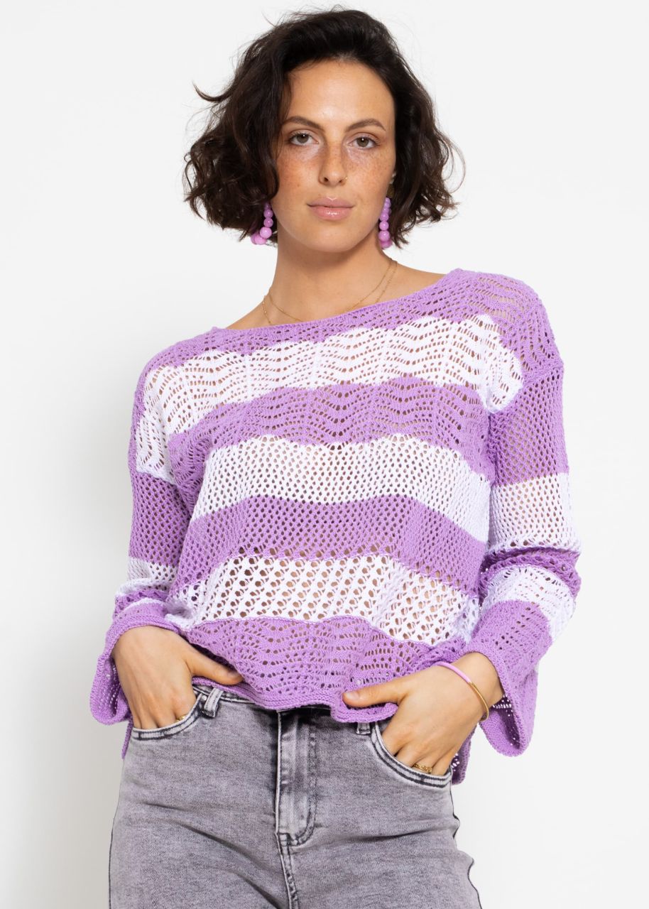 Striped ajour knit sweater - lilac-white