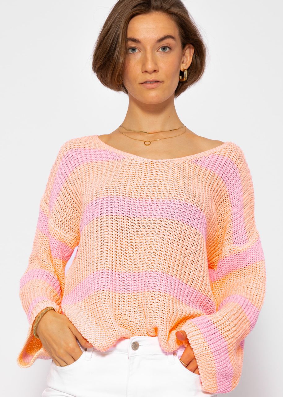 Striped cotton sweater - peach-lilac