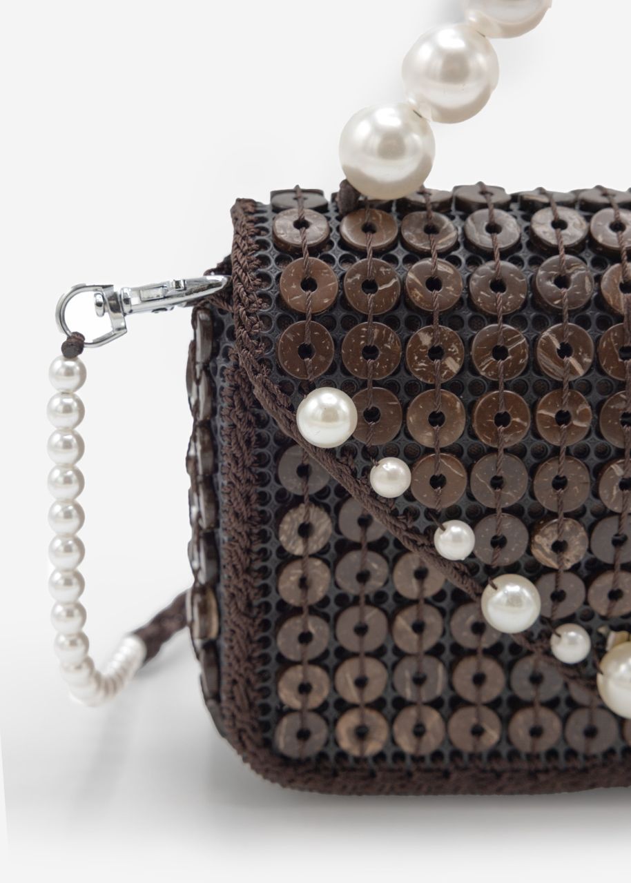 Small bag with white pearl handle - dark brown