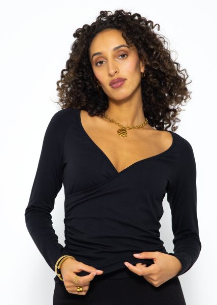 Long sleeve shirt with wrap look - black