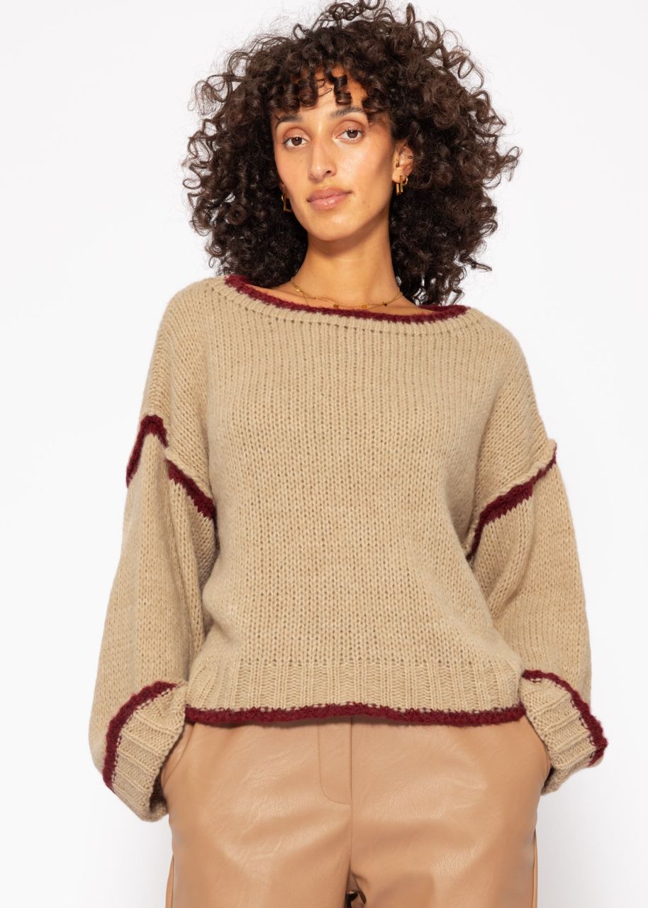 Jumper with coloured trims - beige-bordeaux