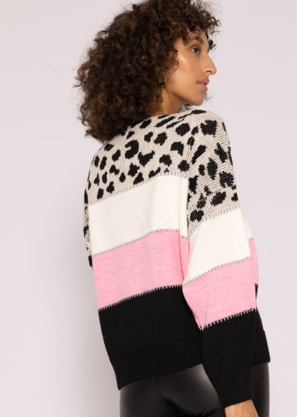 Oversize sweater with leo print, offwhite/pink/black