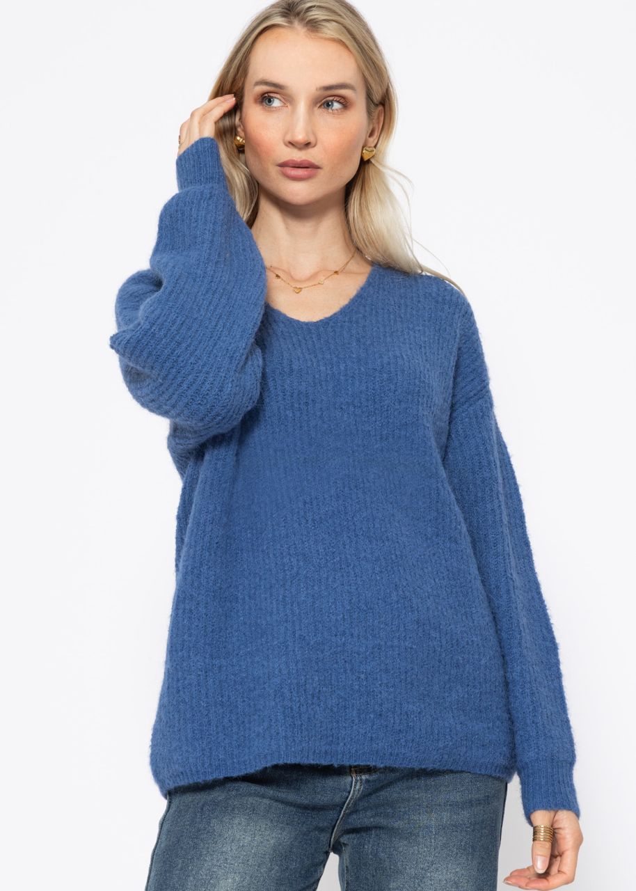 Ribbed jumper with V-neck - blue