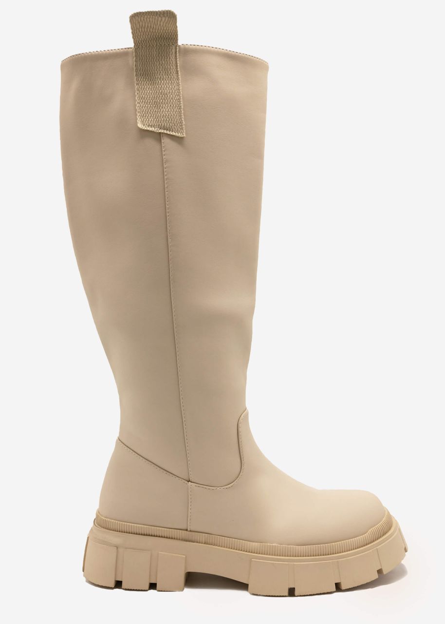 Knee high boots with tabs, light beige