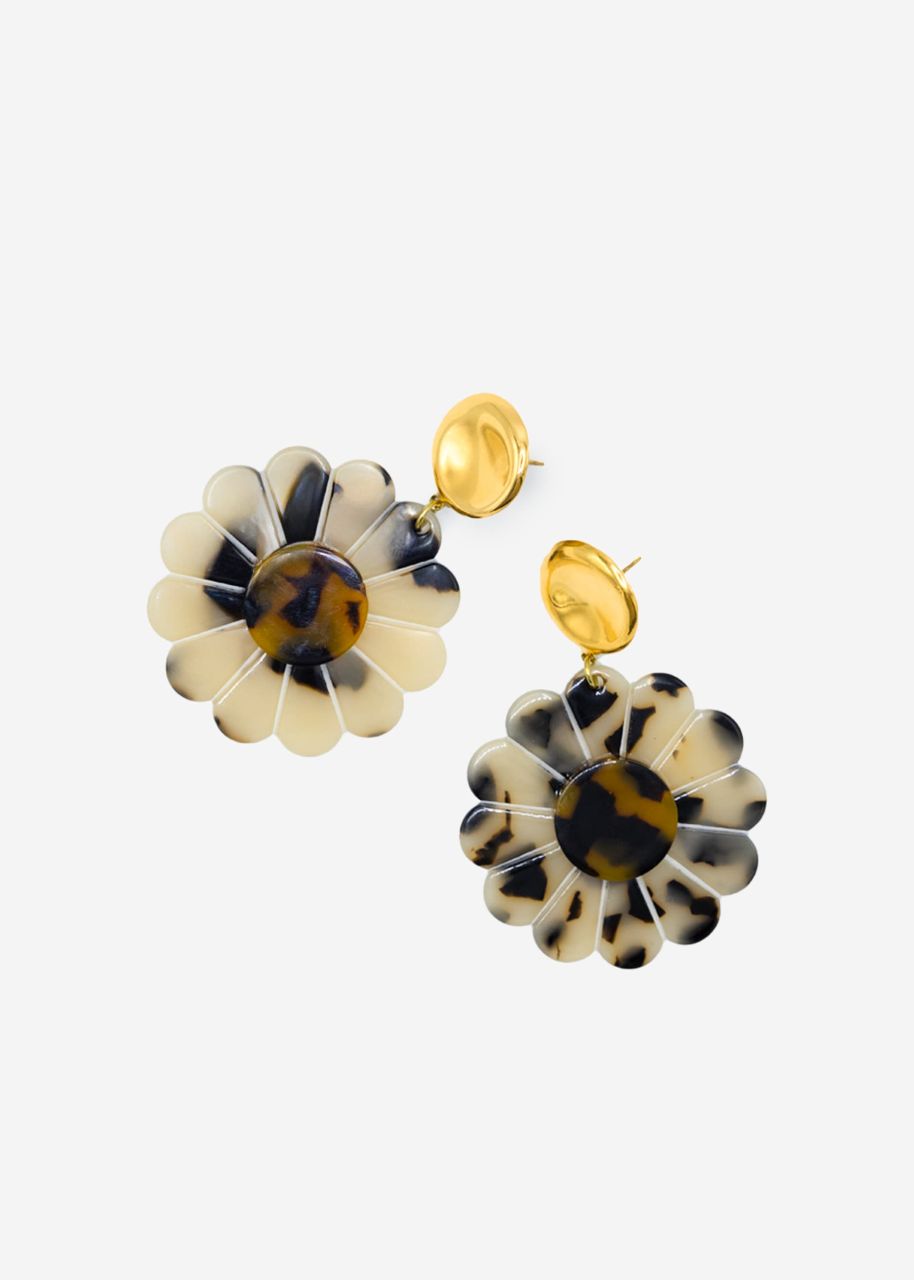 Stud earrings with brown rosette pendant - gold