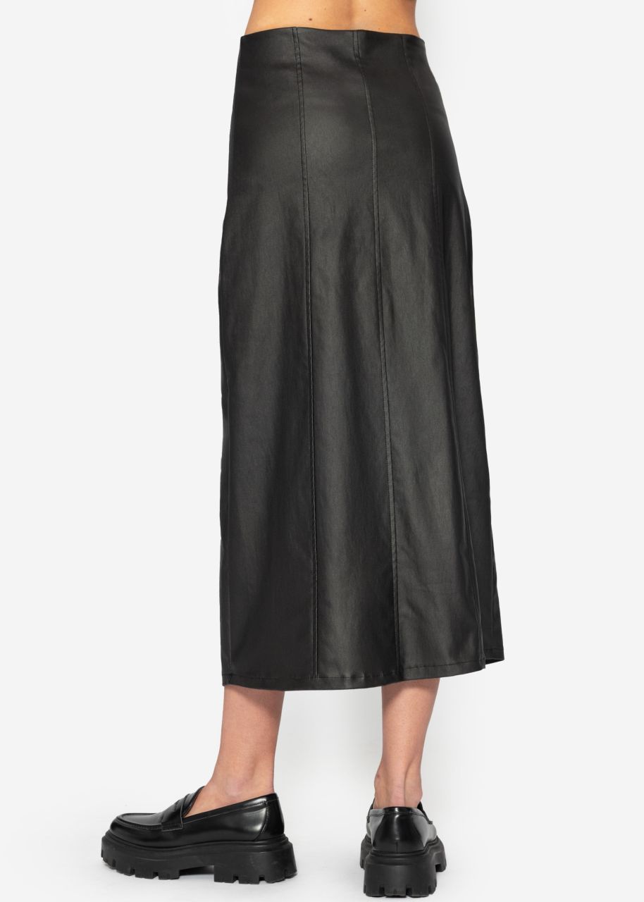 Long leather-look skirt with dividing seams - black