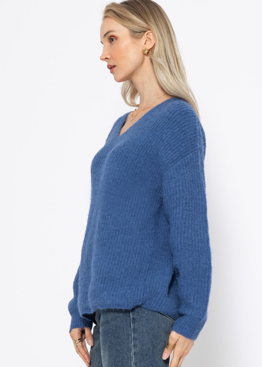 Ribbed jumper with V-neck - blue