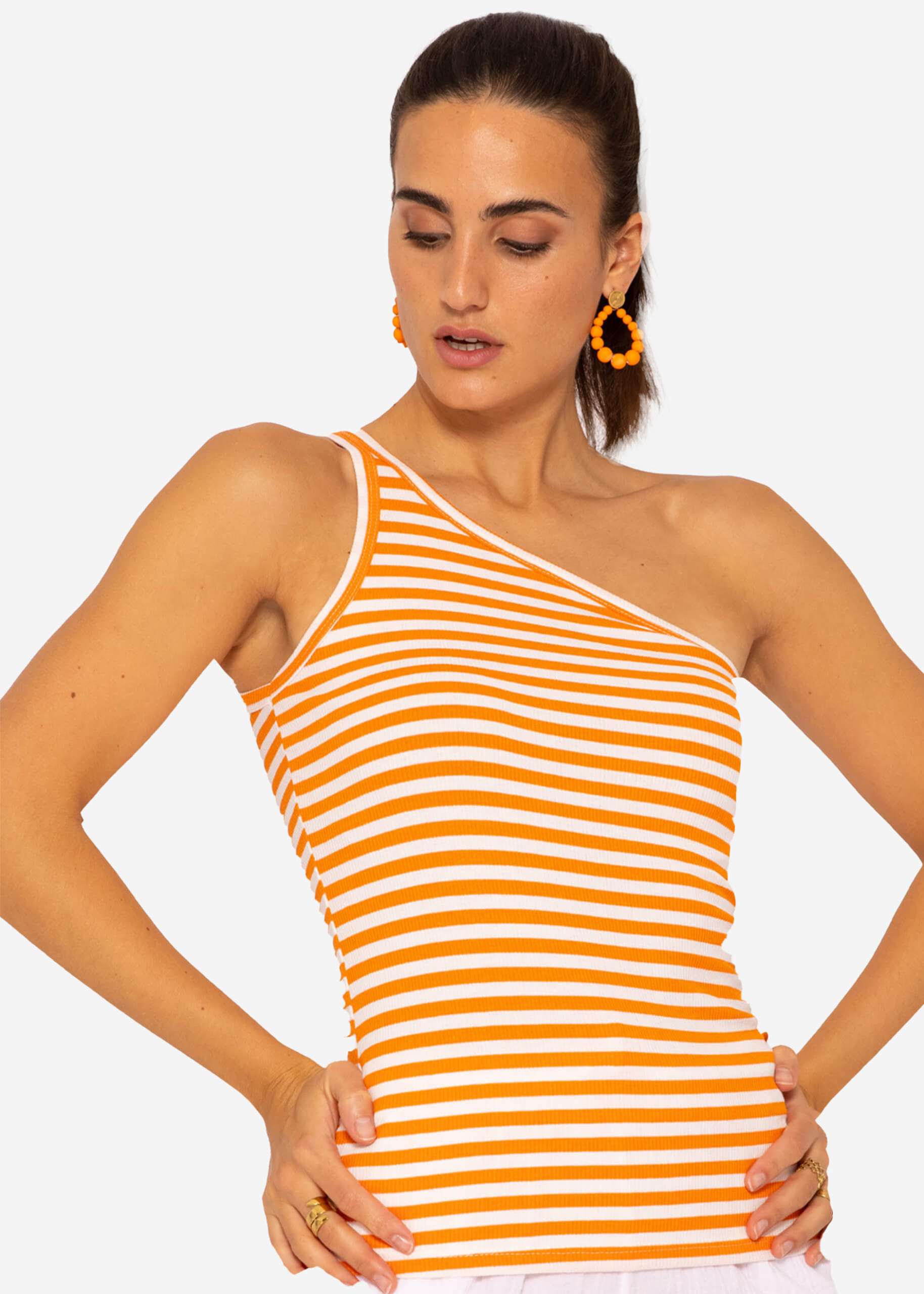 Asymmetrical stripe top, orange-white