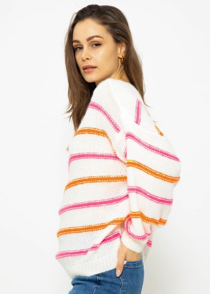 Knitted sweater with colored stripes - offwhite-pink-orange