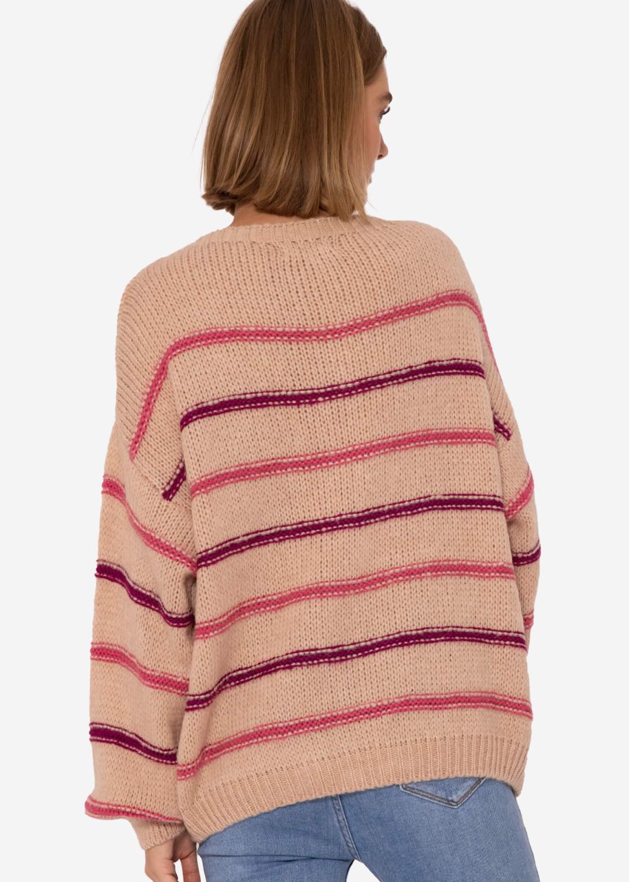 Knitted jumper with coloured stripes - nude-mauve-purple