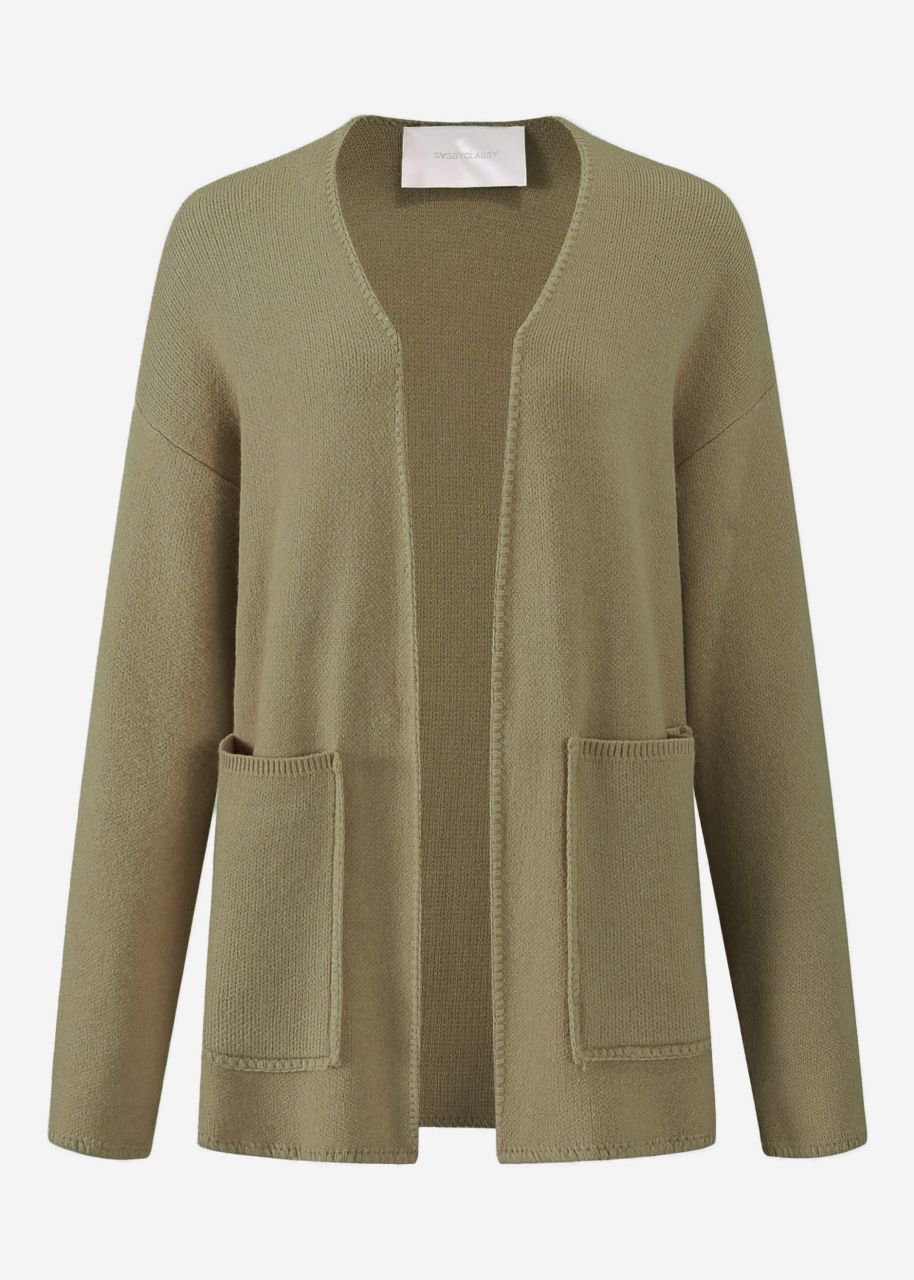 Open cardigan with patch pockets - khaki