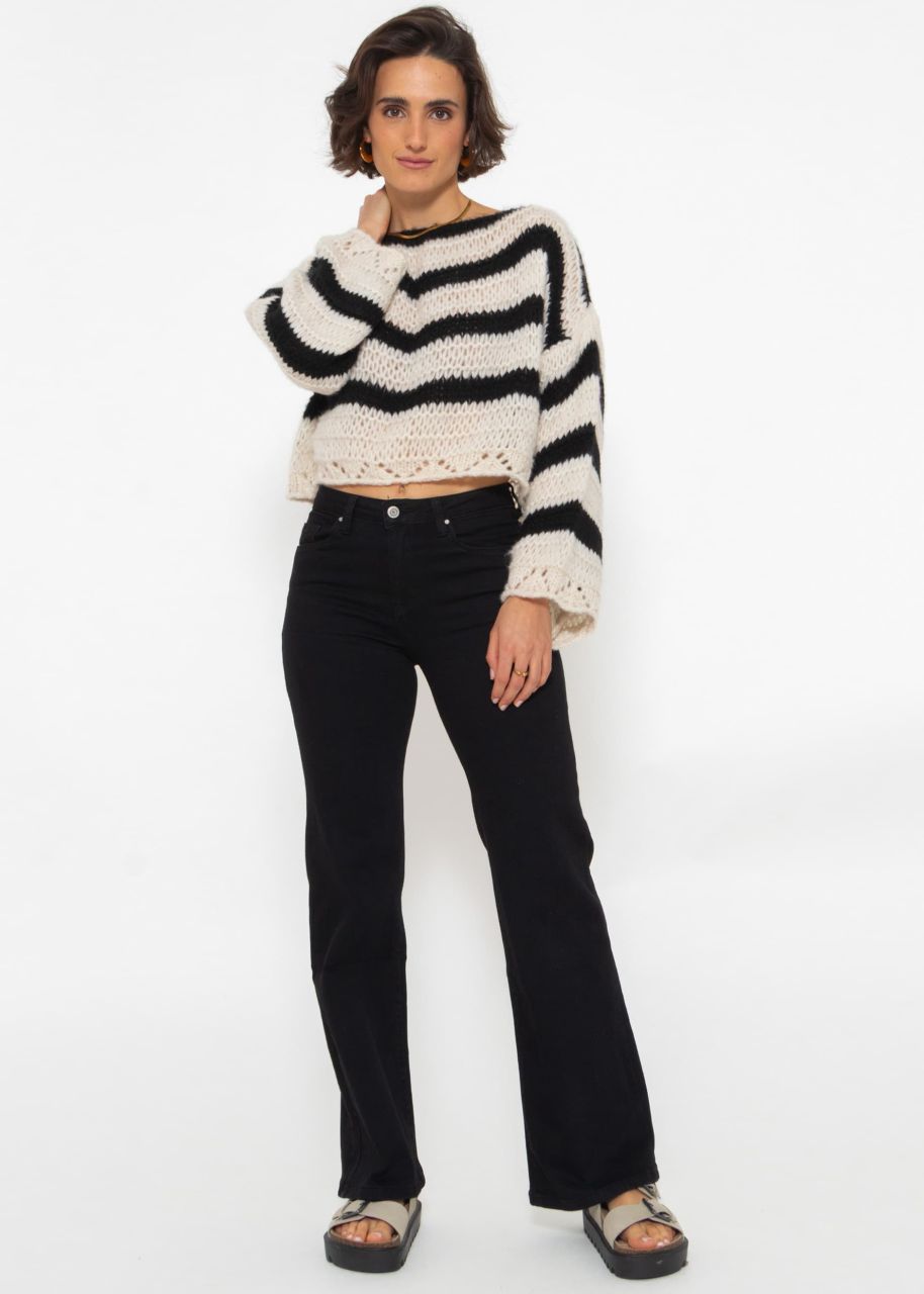 Short sweater with stripes - black-beige