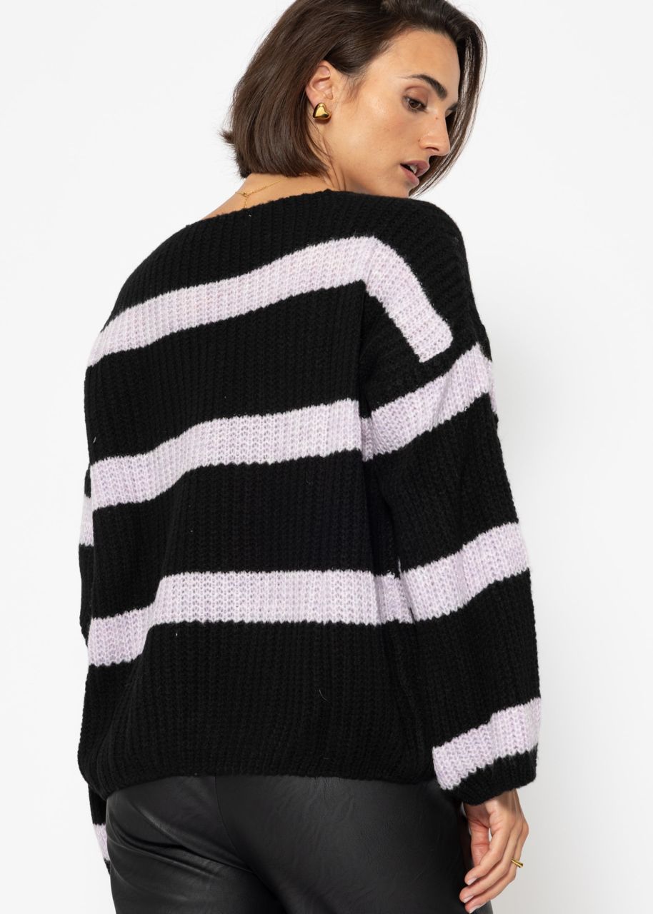 Jumper with stripes and V-neck - black-purple