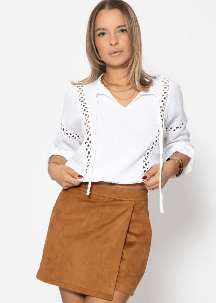 Muslin blouse with lace insert - white