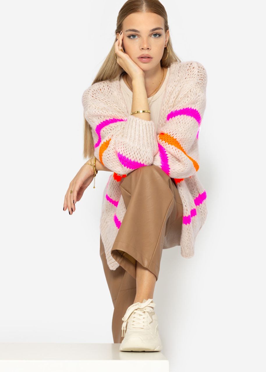 Oversize cardigan with pink and orange stripes, offwhite