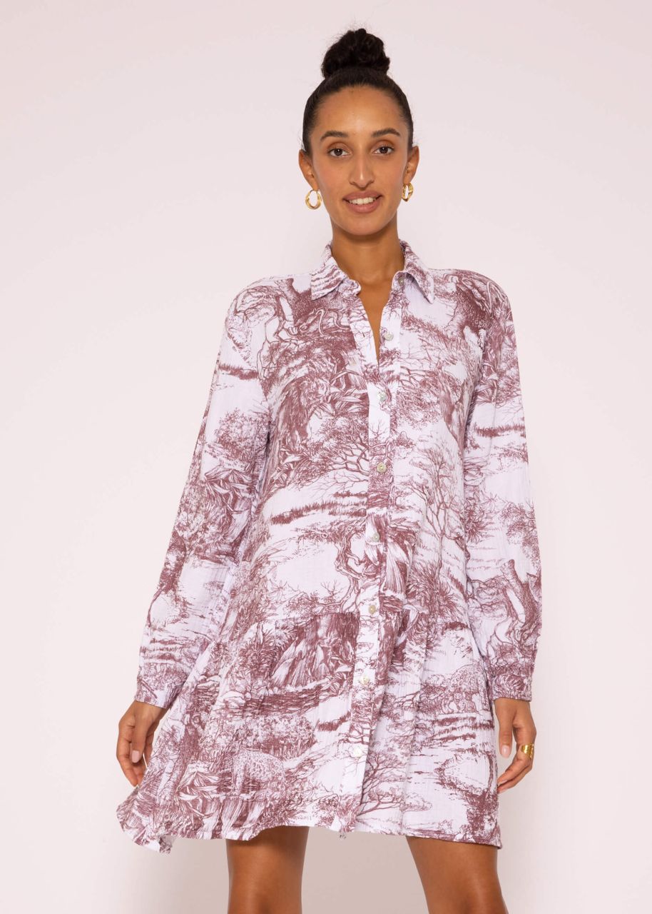 Muslin dress with long sleeves and print, wine red