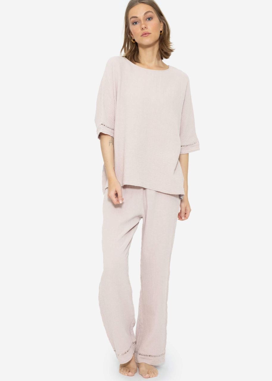 Muslin pyjama bottoms with lace trim - dusky pink