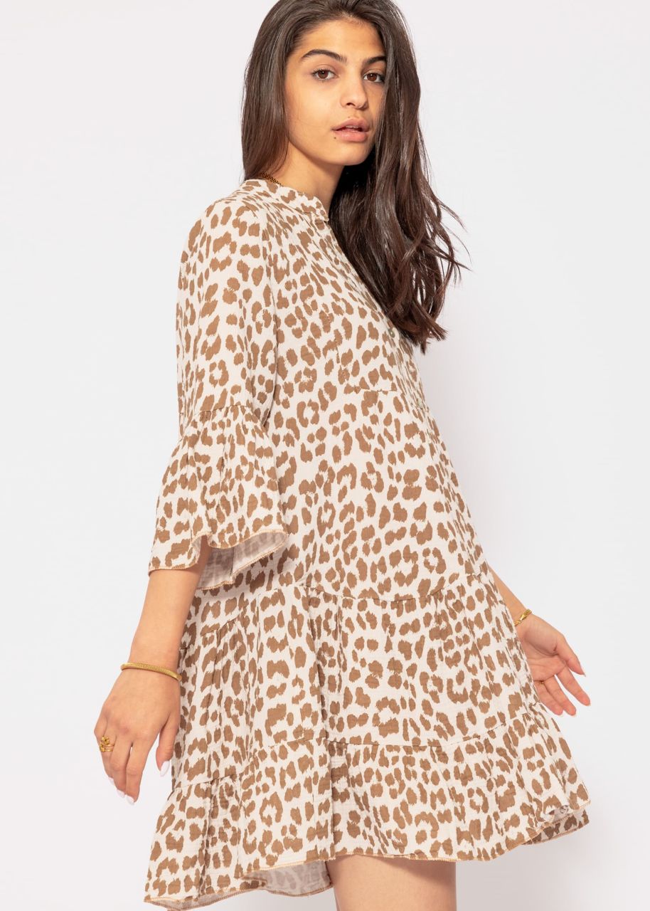 Muslin dress with leo print - offwhite-camel