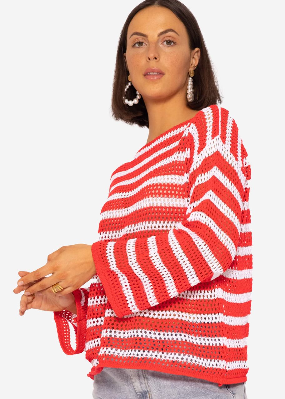 Stripe Crochet Sweater, Red-White