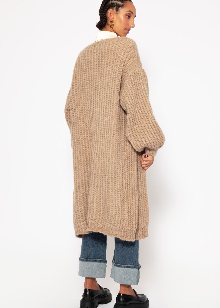 Ribbed, long cardigan with balloon sleeves - taupe