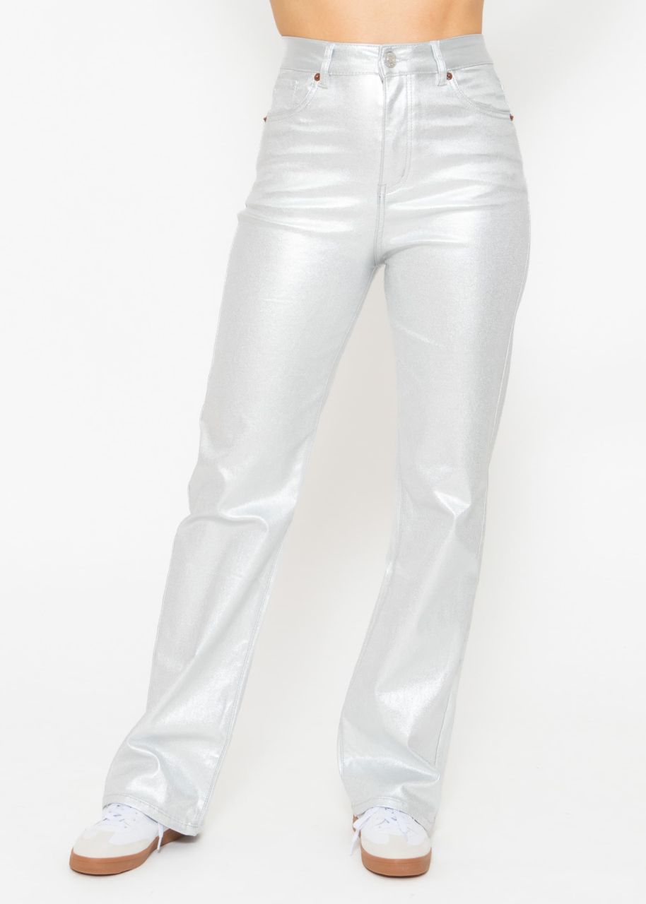 Highwaist jeans, metallic, with straight leg - silver
