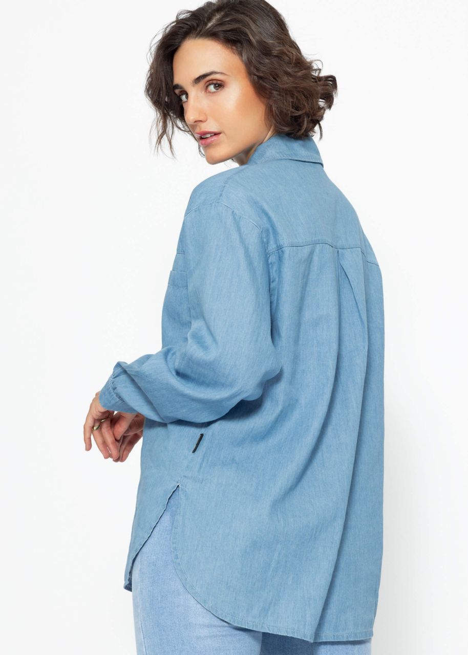 Casual denim shirt blouse with breast pocket - blue