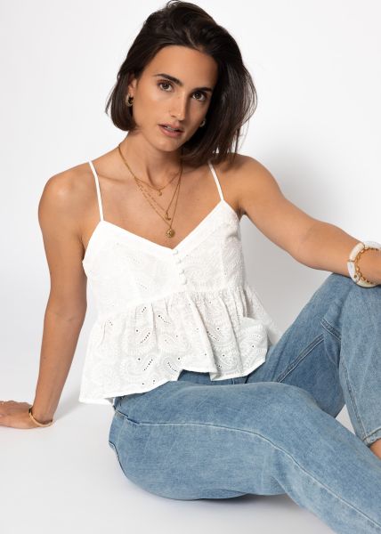 Top with flounce and eyelet embroidery - white