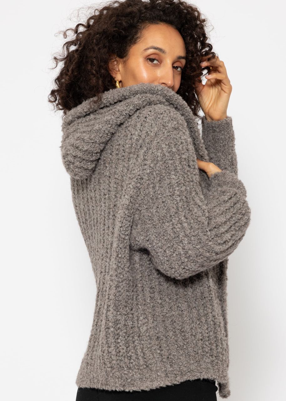 Bouclé cardigan with hoodie - taupe